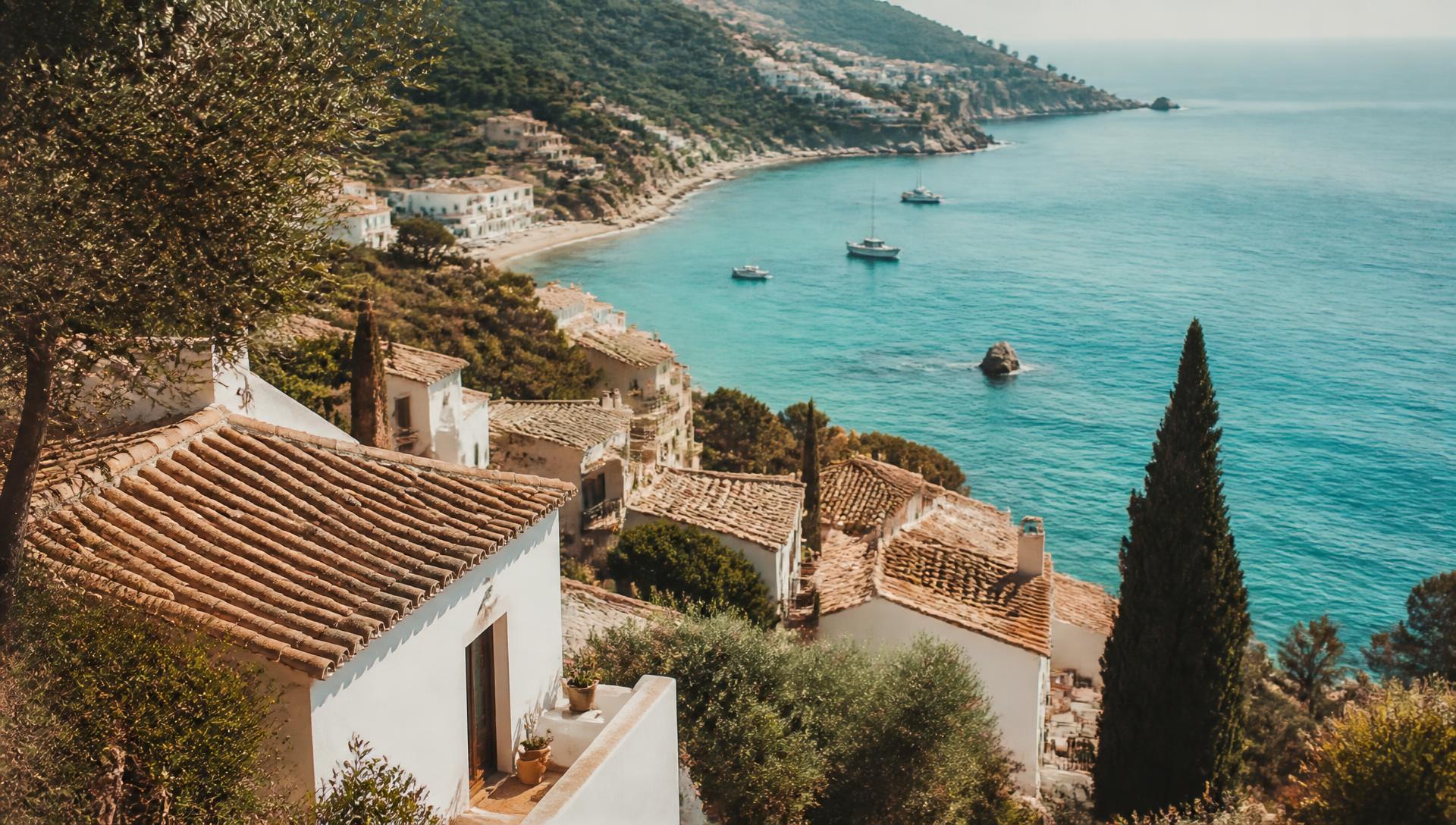 Mediterrán tengerpart terrakotta háztetőkkel és türkiz vízzel